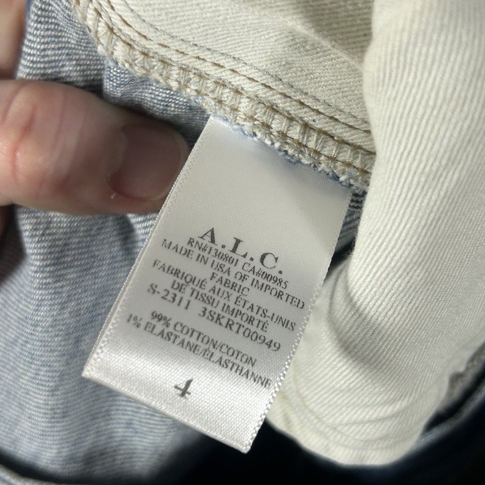 ALC Alden Denim Midi Skirt Paneled Medium-wash front split hem Women's 4 #2947 - Picture 5 of 9